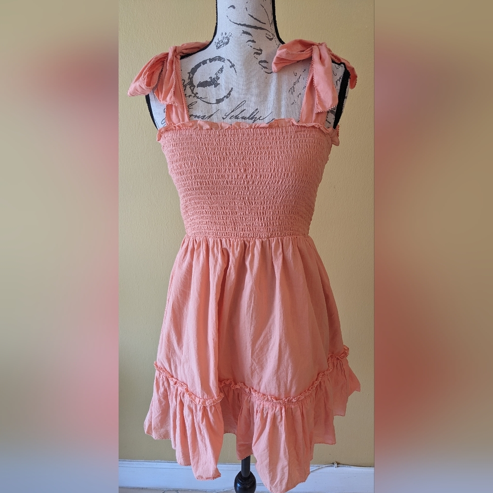 NWOT Black Tape Peach Colored Cotton Mini Smocked Dress Small Petite